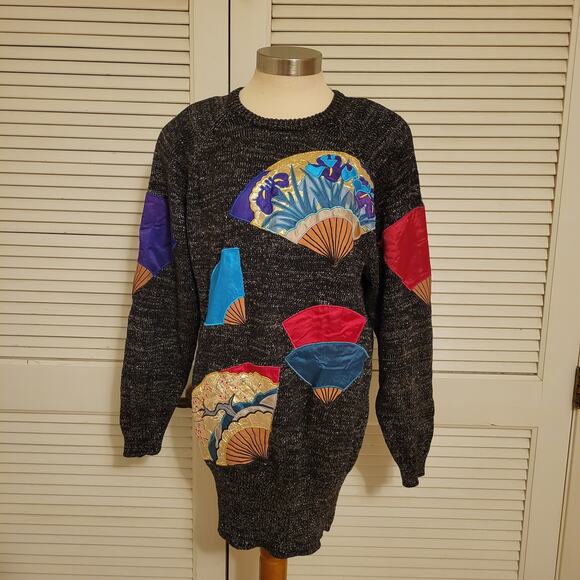 Vintage Bonnie Boerer Sweater Women's L Grey Longline Graphic Knit Pullover 80s - Picture 2 of 11